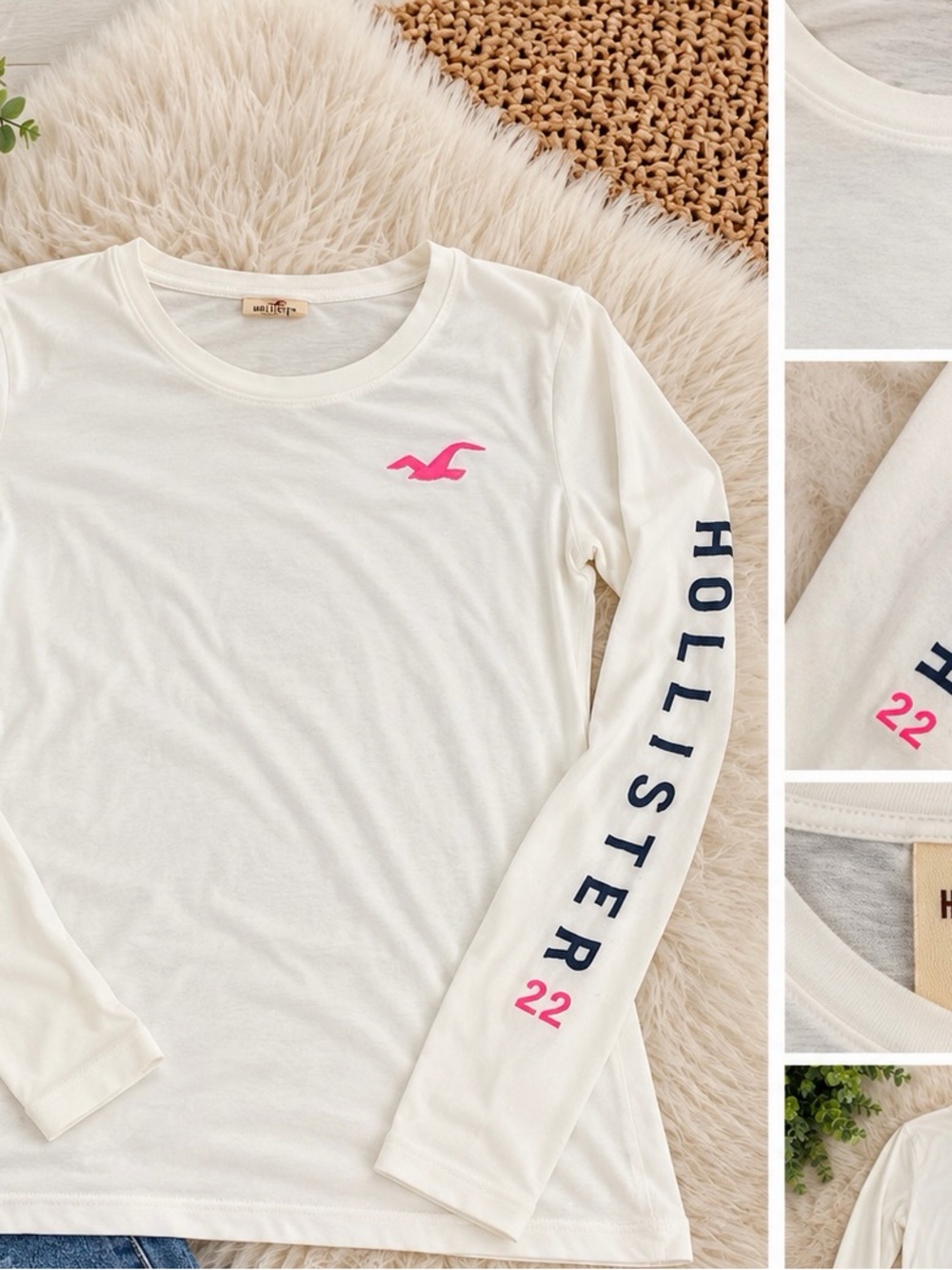 Hollister Cream Long Sleeve Logo Tee with Pink Accent